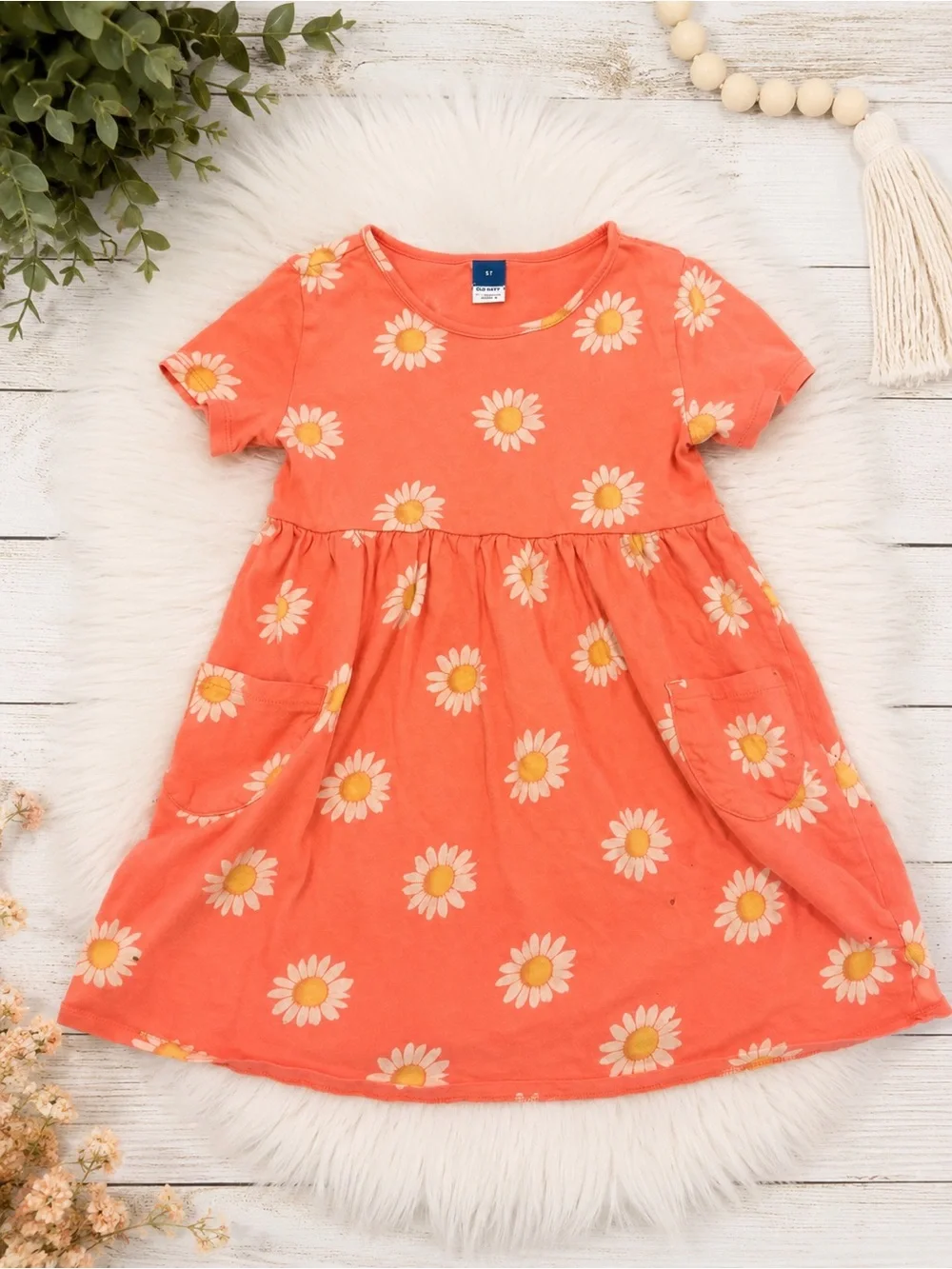 Old Navy Girls Coral Daisy Print Dress with Pockets | Size 5T